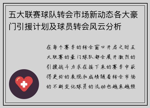 五大联赛球队转会市场新动态各大豪门引援计划及球员转会风云分析